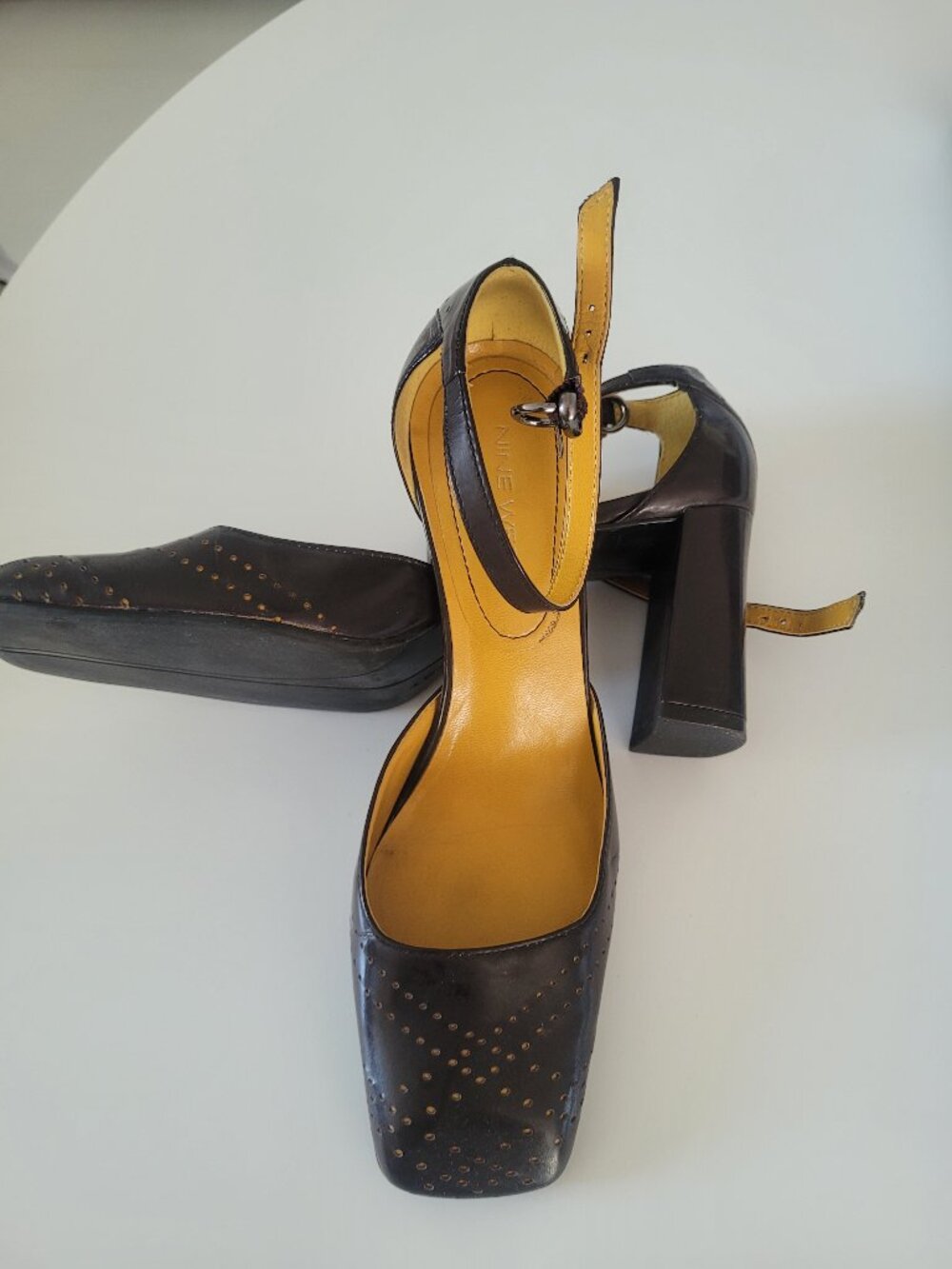 Brown ankle strap chunky heels